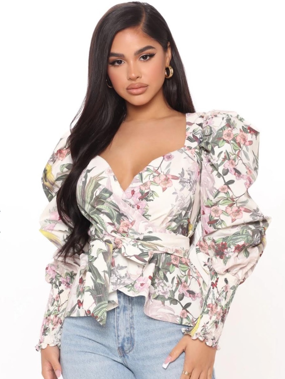 Fashion Nova Floral Puff Sleeve Wrap Top - White, Pink, Green